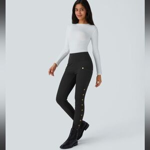 High Waisted Decorative Button Side Pocket Skinny Ankle Length Casual Pants.